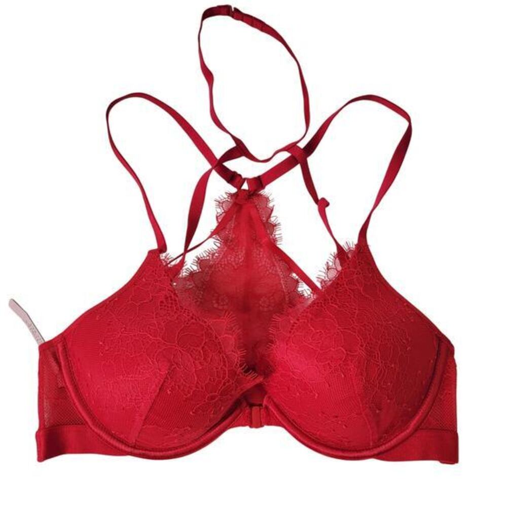 Victoria's Secret Plunge Bra Womens 34C Red Very Sexy Lace Strappy Racerback